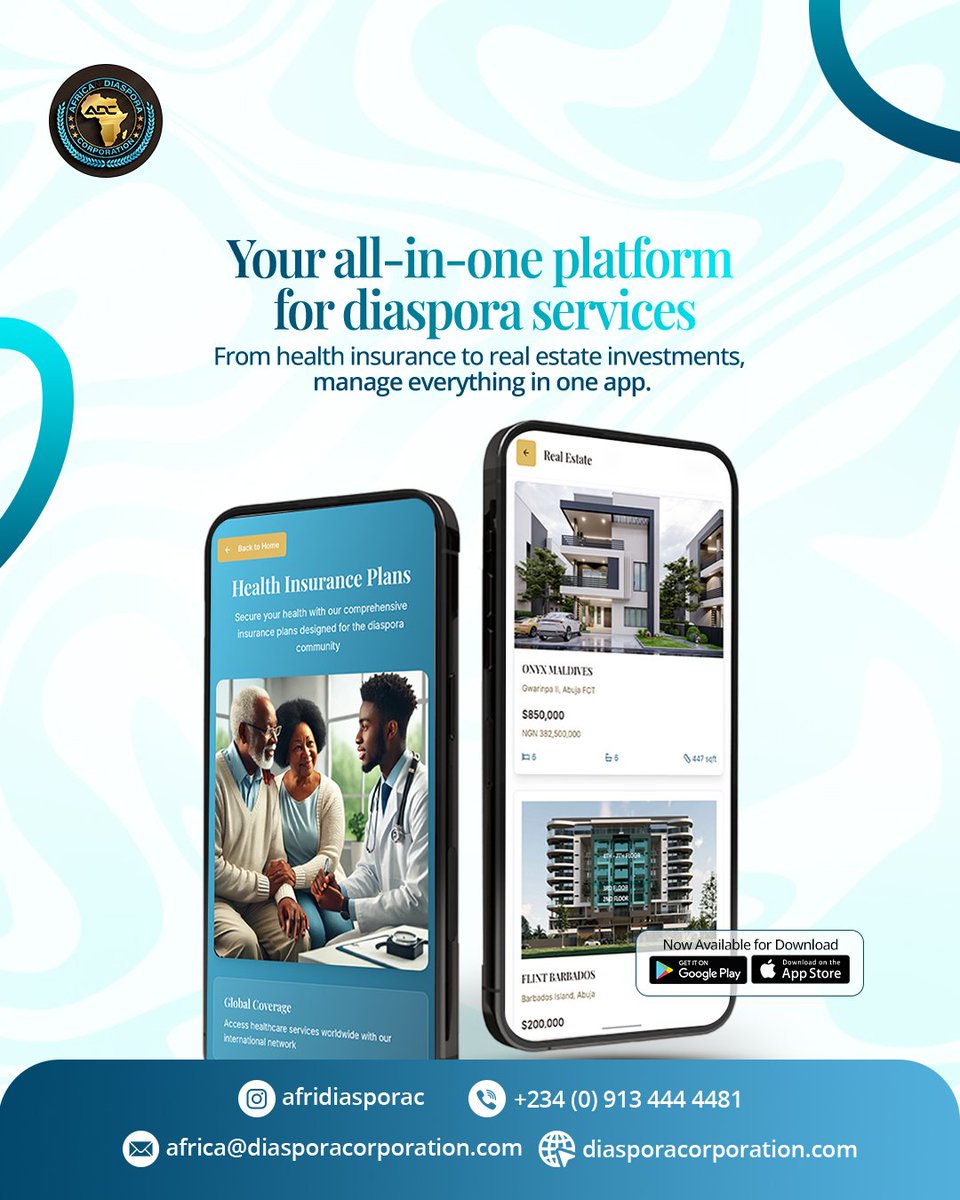 AfriDiasporaC's tweet photo. From health insurance to real estate investments, manage everything in one app.

Download the Diaspora Hub App today!

#ADC #AfricaDiaspora #AfricaDiasporaCorporation #DiasporaMatters #hubapp #DiasporaHubapp #Healthcare #investinafrica #investment #realestate https://t.co/9rC2jiYuBv