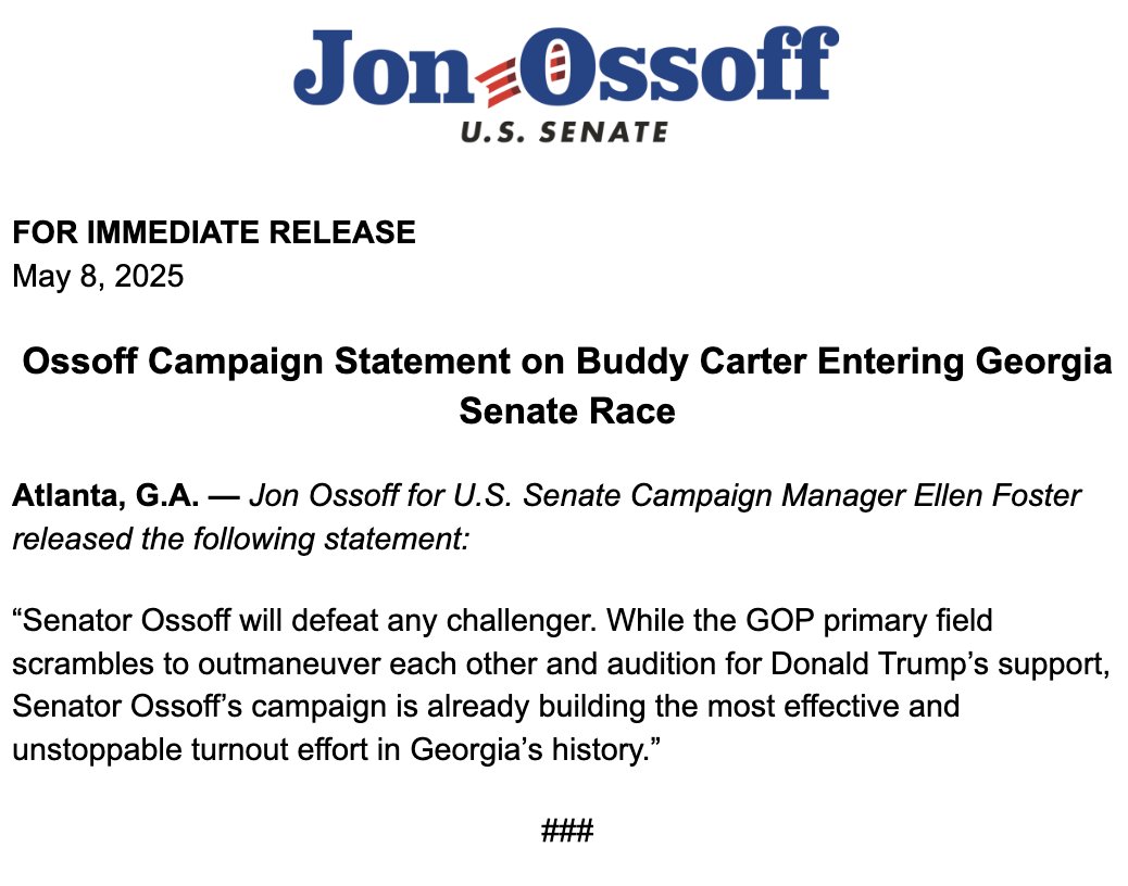 Ellie Dougherty (@elliemdougherty) on Twitter photo Ossoff campaign statement from Campaign Manager <a href="/EllenEFoster/">Ellen Foster</a> on Buddy Carter entering Georgia Senate race #GASen Ossoff campaign statement from Campaign Manager <a href="/EllenEFoster/">Ellen Foster</a> on Buddy Carter entering Georgia Senate race #GASen