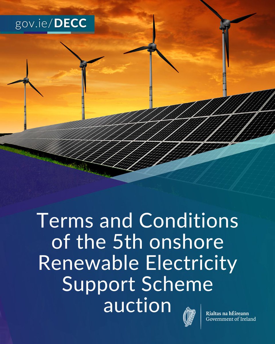 Dept. Environment, Climate and Communications (@dept_ecc) on Twitter photo Minister <a href="/DarraghOBrienTD/">Darragh O'Brien</a> has published the Terms and Conditions of the 5th onshore Renewable Electricity Support Scheme auction, maintaining Ireland’s commitment to supporting the renewables transition.
More information available at this link - bit.ly/3Zbfaqv Minister <a href="/DarraghOBrienTD/">Darragh O'Brien</a> has published the Terms and Conditions of the 5th onshore Renewable Electricity Support Scheme auction, maintaining Ireland’s commitment to supporting the renewables transition.
More information available at this link - bit.ly/3Zbfaqv