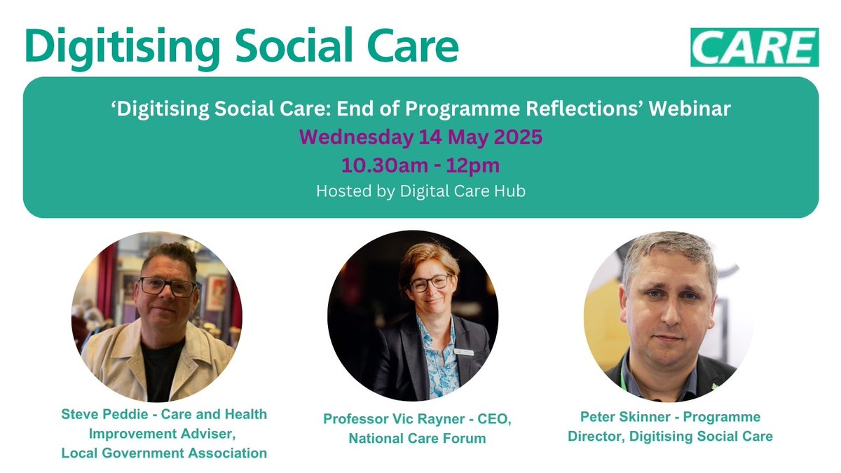 Digitising Social Care (@digisoccare) on Twitter photo This Wednesday we're looking forward to reflecting on 4 years of the #DigitisingSocialCare programme in an online webinar ๐ฅณ
Presenters include <a href="/vicrayner/">Vic Rayner ๐</a>, Steve Peddie and our Programme Director, Peter Skinner ๐คฉ
Sign up ๐
digitalcarehub.co.uk/event/digitisiโฆ This Wednesday we're looking forward to reflecting on 4 years of the #DigitisingSocialCare programme in an online webinar ๐ฅณ
Presenters include <a href="/vicrayner/">Vic Rayner ๐</a>, Steve Peddie and our Programme Director, Peter Skinner ๐คฉ
Sign up ๐
digitalcarehub.co.uk/event/digitisiโฆ