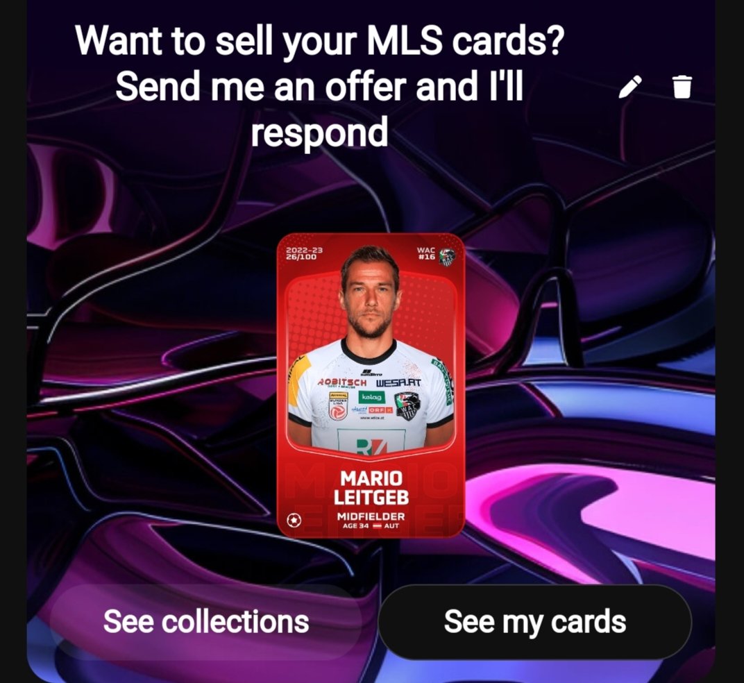 Wanna get rid of players? I start swap deals as tryout. But I'll start only with MLS cards.

Send your offers to my club legend Mario Leitgeb, I will respond. I pay

👍 0,1 € for classic MLS cards
✌️ 0,2 € for Inseason MLS cards

My gallery: sorare.com/football/my-cl… 💪 #sorare