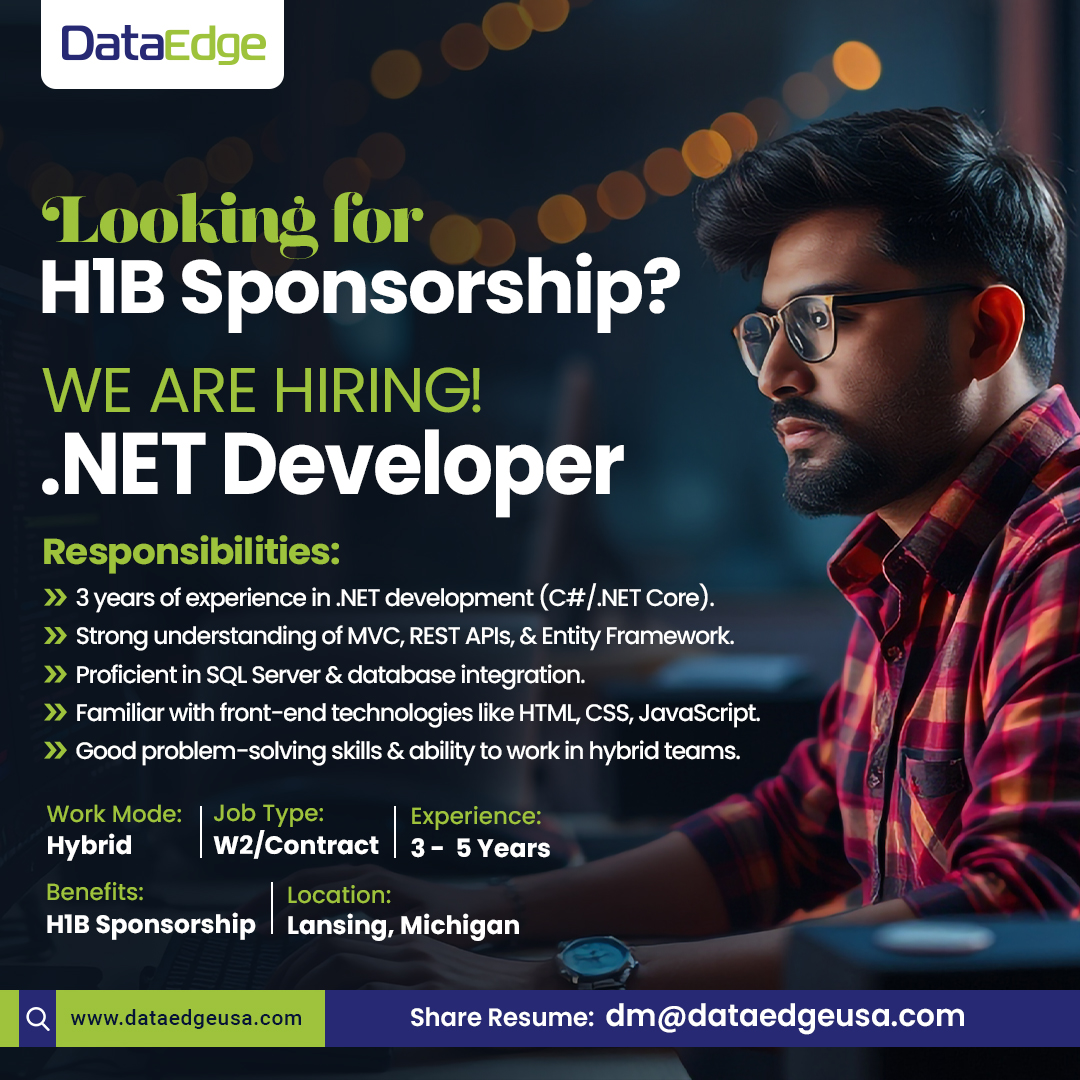dataedgeusa's tweet image. Hiring!
Open Position: .NET Developer
Share Resume: dm@dataedgeusa.com
.
.
.
.
#Hiring #JobOpening #NETDeveloper #DotNetJobs #SoftwareDeveloper #LansingJobs #HybridJobs #EADJobs #TechJobs #DeveloperJobs #W2Contract #ITJobs #USJobs #JobSearch #H1BSponsorship #NowHiring #Career