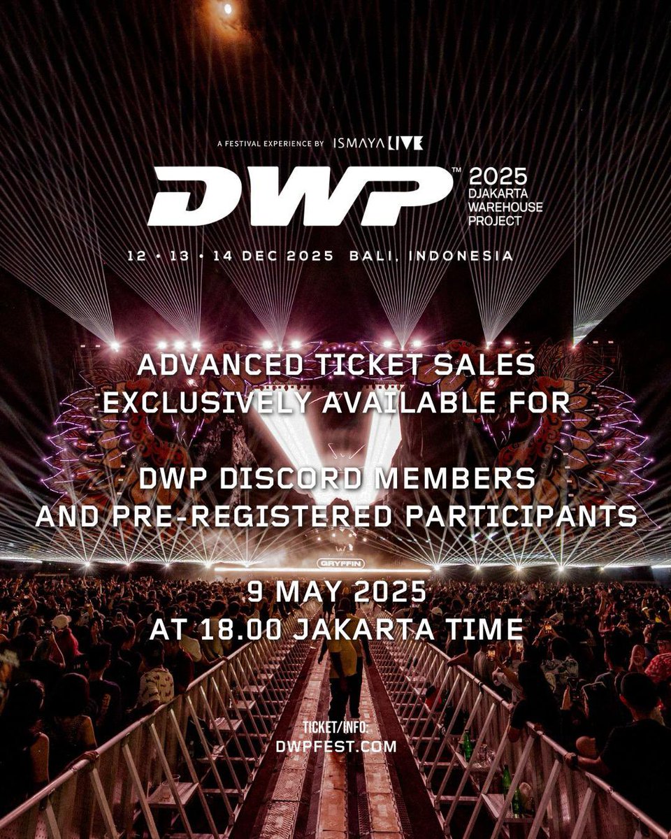 First in line for #DWP25! 🔥
Advance ticket sales open tomorrow at 18.00 Jakarta Time.

Exclusively for our Discord community and pre-registered participants.

Don’t miss your head start, pre-register now at dwpfest.com.