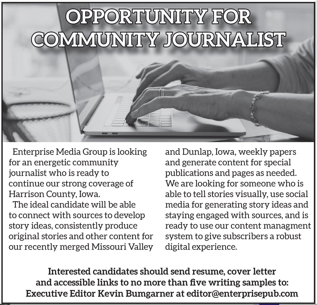 We’re looking for an editor/reporter to cover Harrison County, Iowa, news for us. Know anyone who might be interested?
