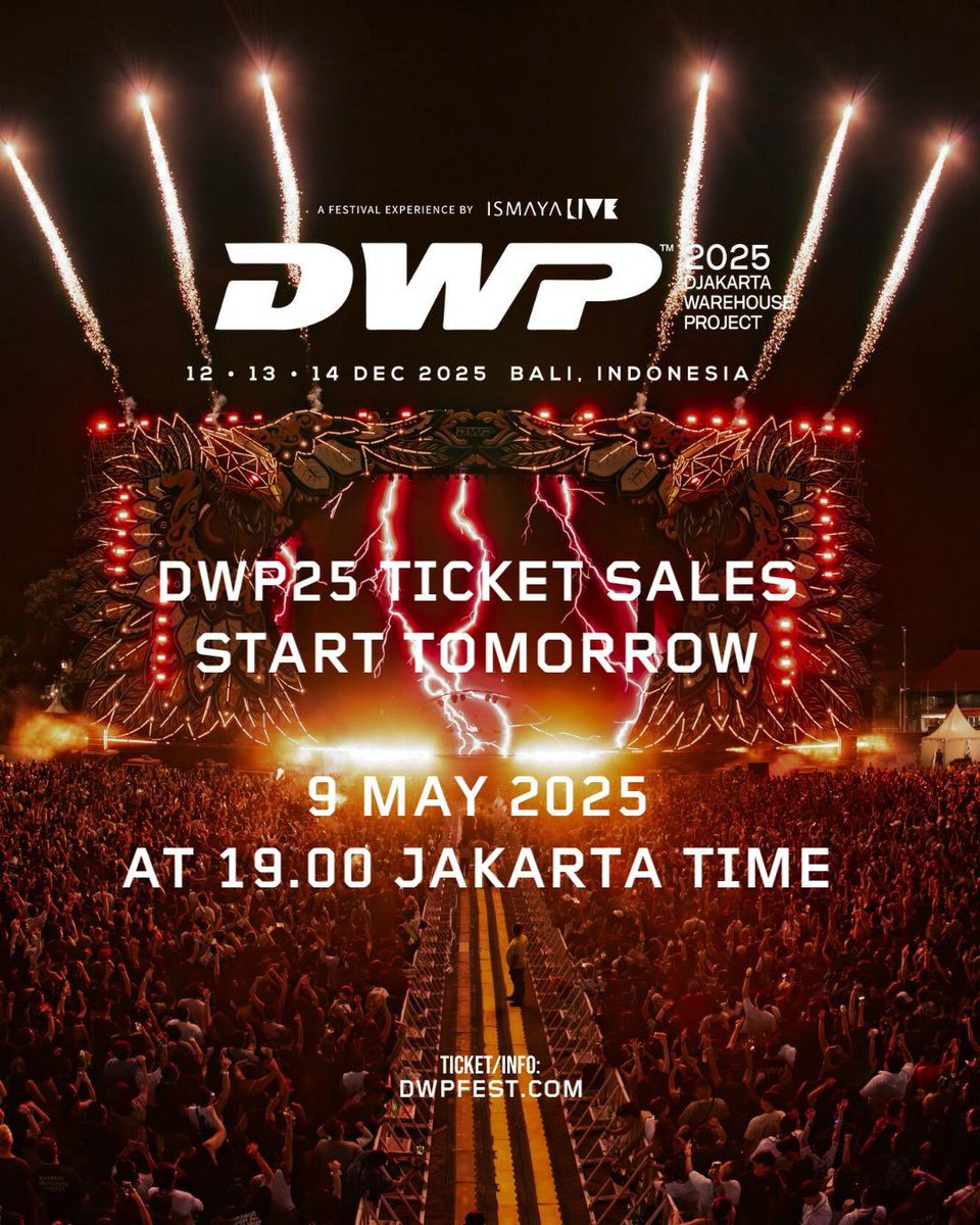 Ticket sales for #DWP25starts TOMORROW! 🔥

Your journey to the Island of the Gods begins tomorrow, tickets go on sale at 19.00 Jakarta Time — don’t miss the first wave!

Secure yours at dwpfest.com.