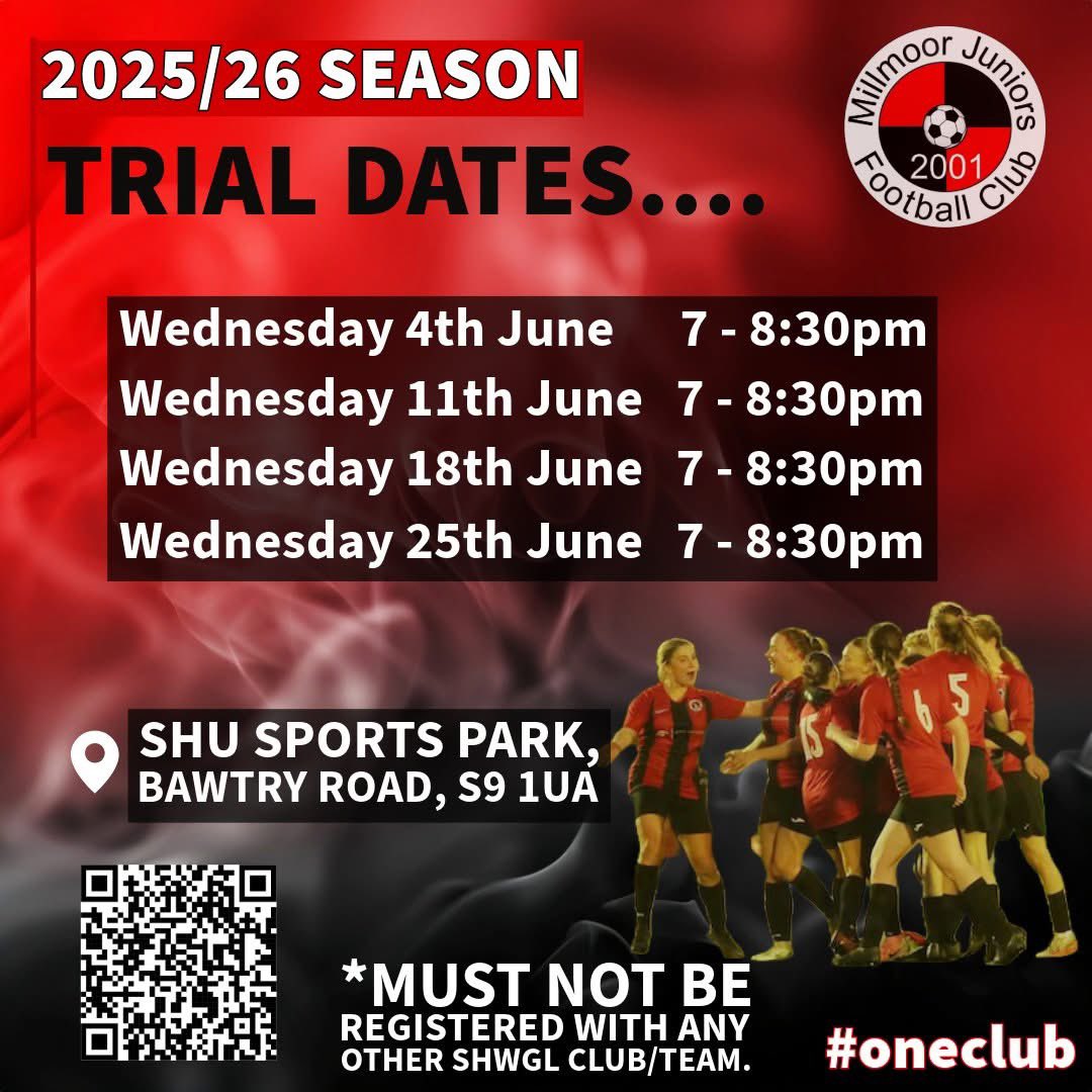 Millmoor Ladies FC (@mlfc_official) on Twitter photo 🔴⚫ 2025/26 Season 🔴⚫
Scan the QR code or follow the link: forms.gle/Xorq3X4niodAMe…
Complete the form to register your interest.
*Must not be registered with any other SHWGL club or team*
#oneclub 🔴⚫ 2025/26 Season 🔴⚫
Scan the QR code or follow the link: forms.gle/Xorq3X4niodAMe…
Complete the form to register your interest.
*Must not be registered with any other SHWGL club or team*
#oneclub