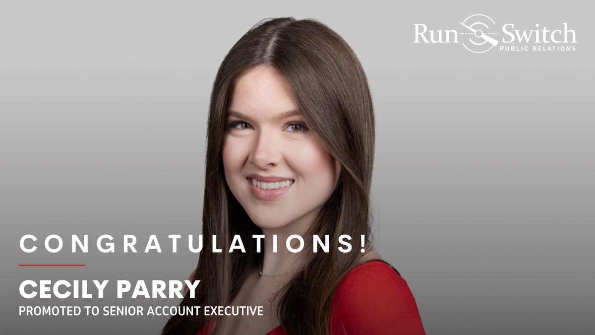 RunSwitchPR's tweet image. RunSwitch PR is excited to announce Cecily Parry's promotion to Senior Account Executive!

Cecily has helped lead clients in the spirits, healthcare and corporate industries to success by consistently developing creative solutions to complex challenges. Congrats, Cecily!