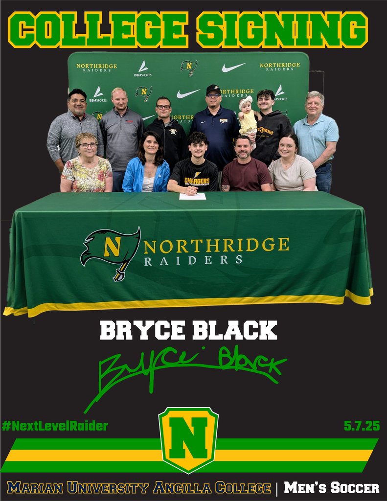 nridgeathletics's tweet image. COLLEGE SIGNING✍🏼

Bryce Black🔰 
⚽Men&apos;s Soccer
📍Marian University Ancilla College

#NextLevelRaider