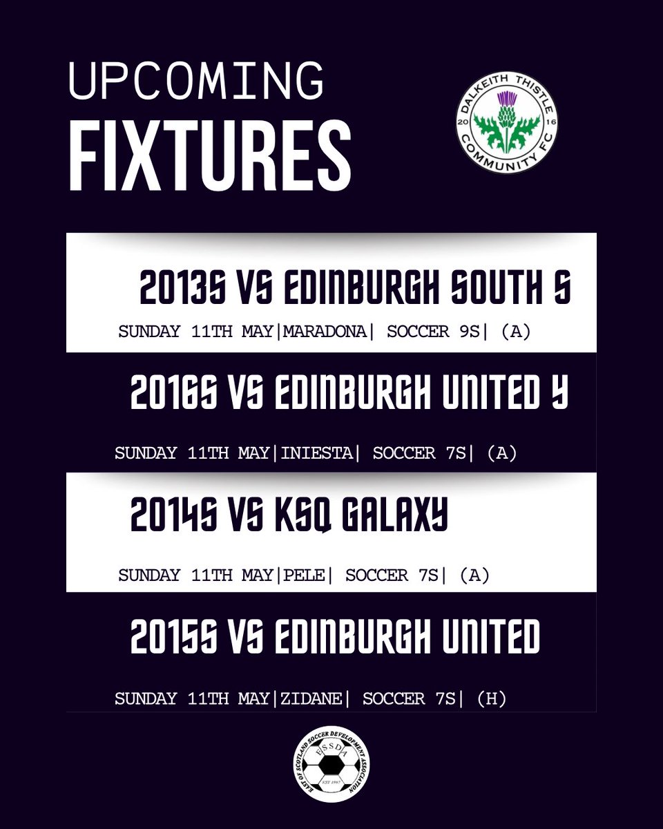 DalkeithCFC's tweet image. ⚫️⚪️Weekend Football | ESSDA Action
@ScottishYouthFA @ScottishFA 

Plenty of matches ahead for our ESSDA teams this weekend!

Good luck to all involved — play hard, enjoy it, and make memories out there!

#DalkeithThistle #ESSDA #WeekendFixtures