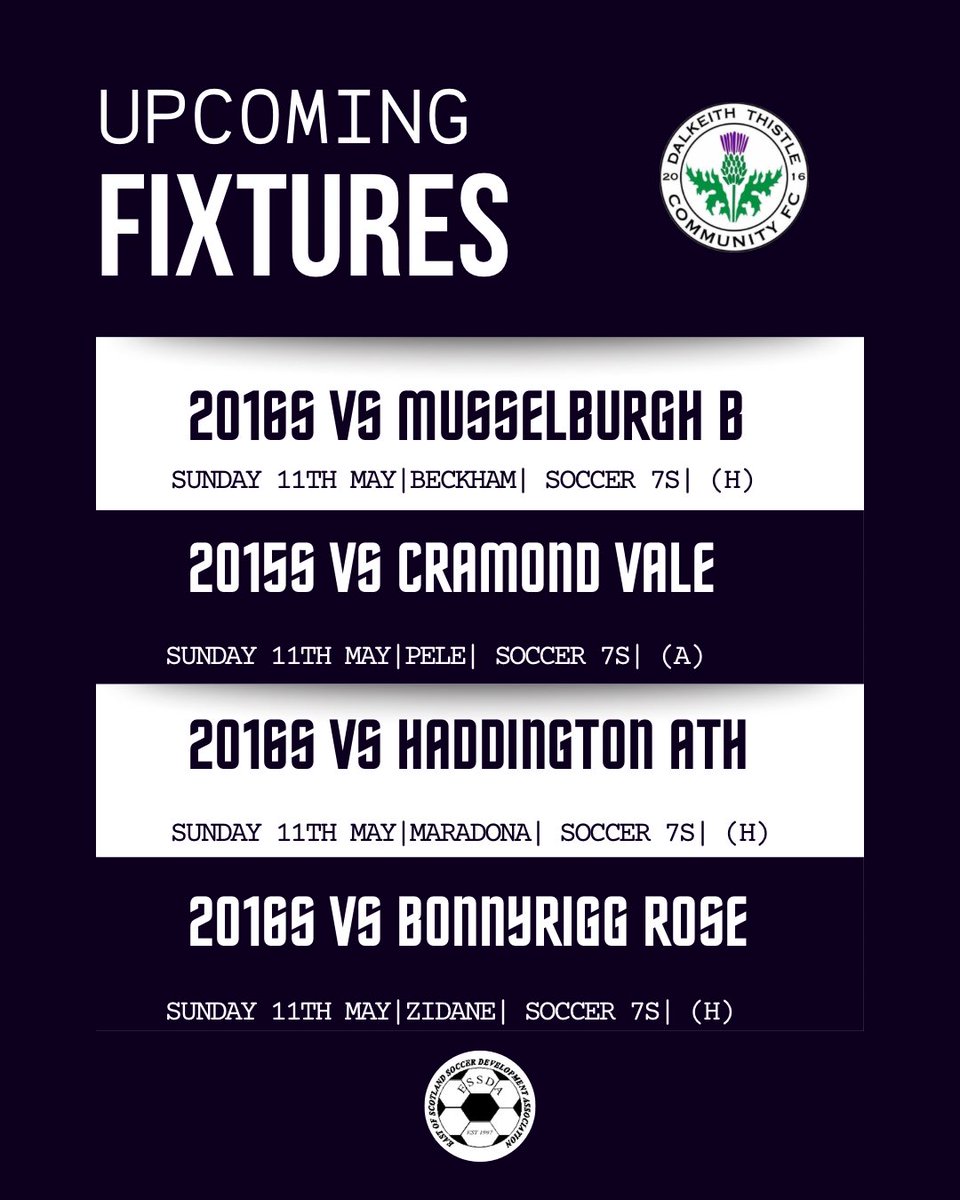 DalkeithCFC's tweet image. ⚫️⚪️Weekend Football | ESSDA Action
@ScottishYouthFA @ScottishFA 

Plenty of matches ahead for our ESSDA teams this weekend!

Good luck to all involved — play hard, enjoy it, and make memories out there!

#DalkeithThistle #ESSDA #WeekendFixtures