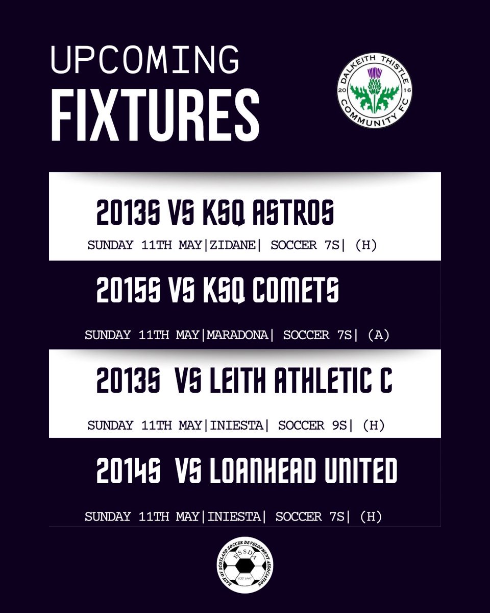 DalkeithCFC's tweet image. ⚫️⚪️Weekend Football | ESSDA Action
@ScottishYouthFA @ScottishFA 

Plenty of matches ahead for our ESSDA teams this weekend!

Good luck to all involved — play hard, enjoy it, and make memories out there!

#DalkeithThistle #ESSDA #WeekendFixtures