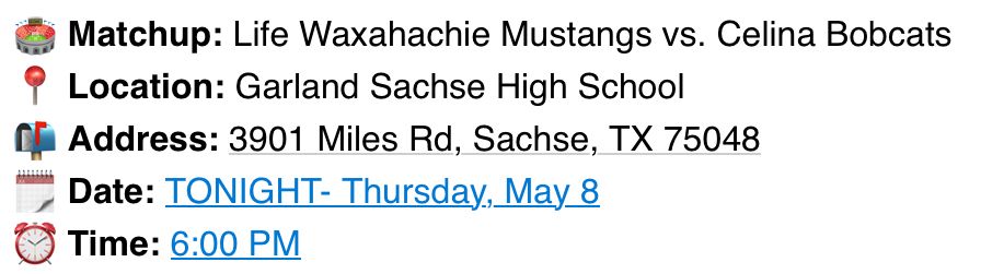 Life Waxahachie Mustangs are headed to the Area Round of the UIL State Baseball Playoffs to play the Celina Bobcats this evening!

This is a one-game series! Let's pack the stands and get loud for our boys!

🎟️ Tickets: Purchase Tickets here  garlandisd.hometownticketing.com/embed/event/10…