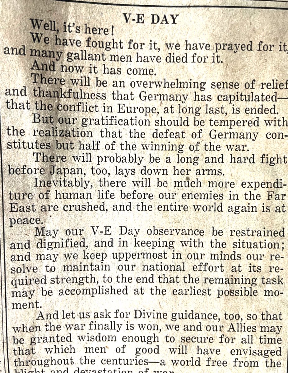 The V-E Day edition of my hometown paper, the Olean Times Herald, published 80 years ago today. #VEDay80 <a href="/OTHNews/">Olean Times Herald</a>
