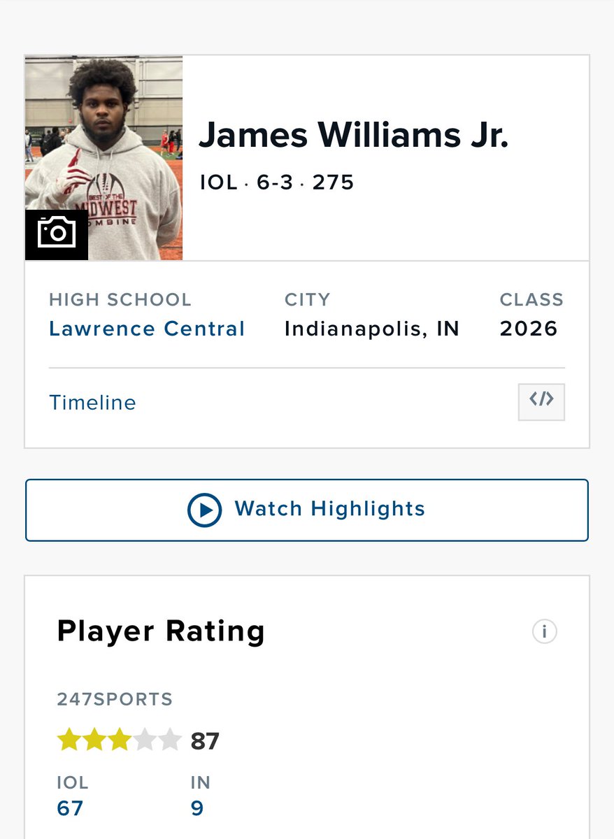 James โBamโ Williams Jr. โ26 (@bamballing) on Twitter photo #AGTG Blessed to be named a 3 โญ๏ธโญ๏ธโญ๏ธ by <a href="/247Sports/">247Sports</a> and Ranked as the #1 offensive linemen in the state of Indiana!!!!
<a href="/Coach_Patt34/">Will Patterson</a> <a href="/BigBearsLCFTBL/">Lawrence Central HS Football</a>
<a href="/247recruiting/">247Sports Recruiting</a> <a href="/AllenTrieu/">Allen Trieu</a> <a href="/TomLoy247/">Tom Loy</a> <a href="/RBCoachMuhammad/">Coach Muhammad LC RB Coach</a> #AGTG Blessed to be named a 3 โญ๏ธโญ๏ธโญ๏ธ by <a href="/247Sports/">247Sports</a> and Ranked as the #1 offensive linemen in the state of Indiana!!!!
<a href="/Coach_Patt34/">Will Patterson</a> <a href="/BigBearsLCFTBL/">Lawrence Central HS Football</a>
<a href="/247recruiting/">247Sports Recruiting</a> <a href="/AllenTrieu/">Allen Trieu</a> <a href="/TomLoy247/">Tom Loy</a> <a href="/RBCoachMuhammad/">Coach Muhammad LC RB Coach</a>
