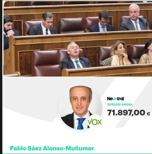 Este ultraderechista de VOX de apellido compuesto se llama Pablo Sáez Alonso-Muñumer y es el tesorero de un partido condenado por donaciones irregulares. Está en contra de reducir la jornada laboral y de subir el salario mínimo y dice que los inmigrantes viven de "paguitas".