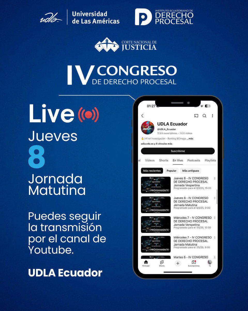 procesalecuador's tweet image. ¡Muy pronto iniciamos con la transmisión del último día del IV Congreso de Derecho Procesal! ⚖️📚
Sigue cada ponencia y debate en vivo desde cualquier lugar.
📺 Conéctate a la retransmisión a través del canal de YouTube UDLA Ecuador:
🔗 youtube.com/@UDLA_Ecuador