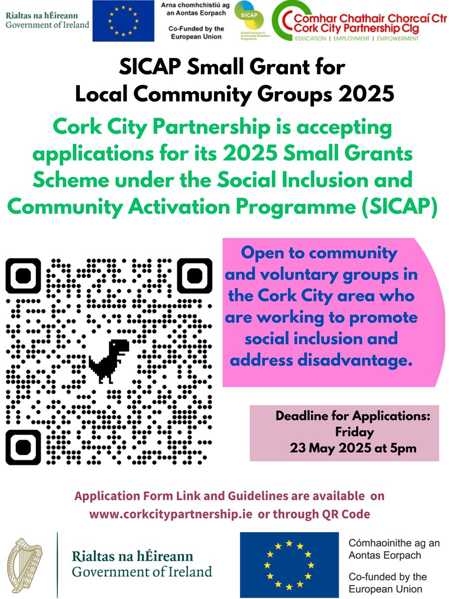 #Funding Small Grant for Local Community Groups 

Now open to community and voluntary groups in the Cork City area who are working to promote social inclusion and address disadvantage.

Closing Date: 23 May at 5pm

For more info, go to: corkcityppn.ie/funding-ccp-si…