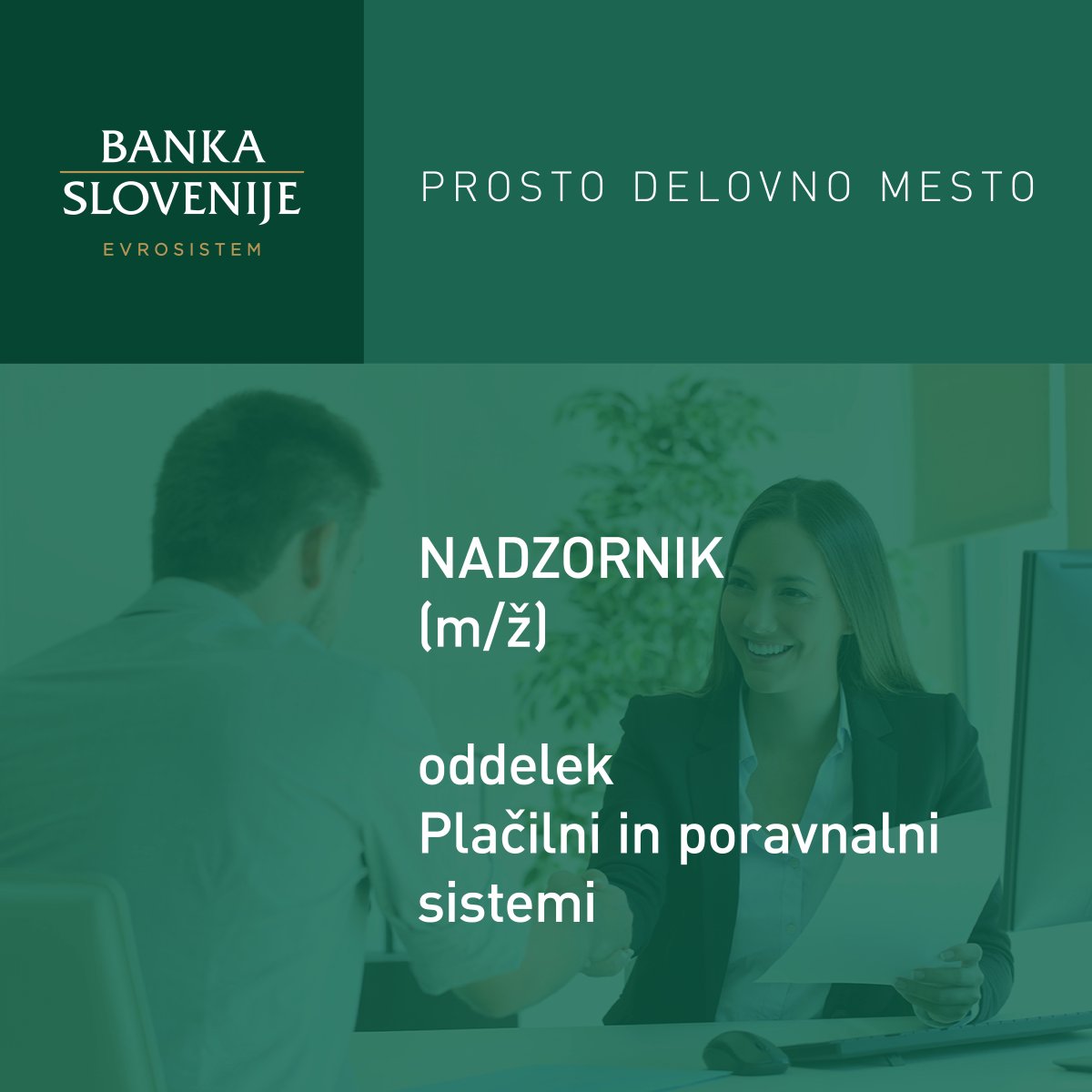 Vas zanima delo v #BankaSlovenije?

V oddelku oddelku Plačilni in poravnalni sistemi zaposlimo nadzornika/nadzornico.

Opis dela in prijava 👉 banka-slovenije.my.site.com/recruitment/s/…

Seznam aktualnih razpisov  👉 bsi.si/sl/kariera-v-b…