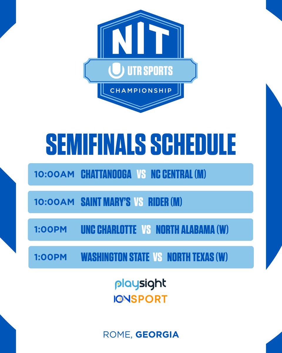 DAY 2 of the 2025 NIT Championship starts soon! Semifinals here we go…

⏰ Matches begin at 10AM ET
📺 Streams will be available on <a href="/PlaySight/">playsight</a> 
🔢 Live scoring by <a href="/ionsportapp/">iONSport</a> 

web.playsight.com/facility/rome-…