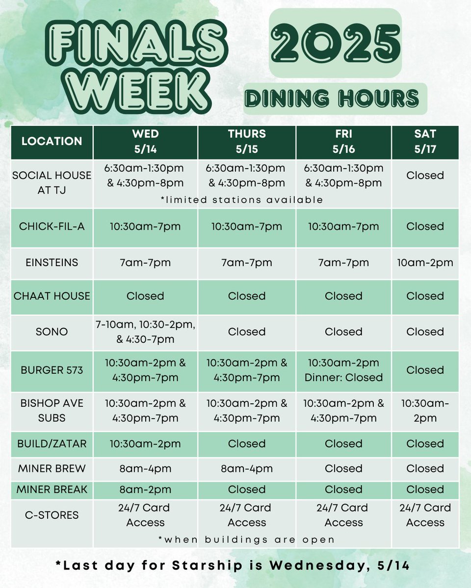 Plan ahead for Finals week! Check out our dining hours!