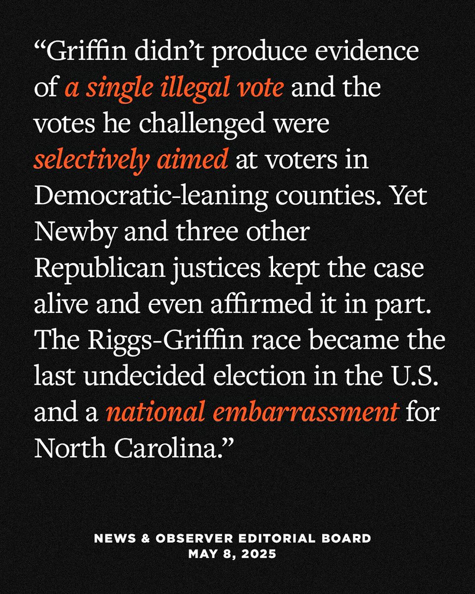 From the N&amp;O Editorial Board:

"Each of these judges has brought shame to the judiciary and embarrassment to North Carolina. All voters should remember their names."

Chief Justice Paul Newby
Justices Phil Berger Jr, Tamara Barringer &amp; Trey Allen
Judges Fred Gore &amp; John Tyson