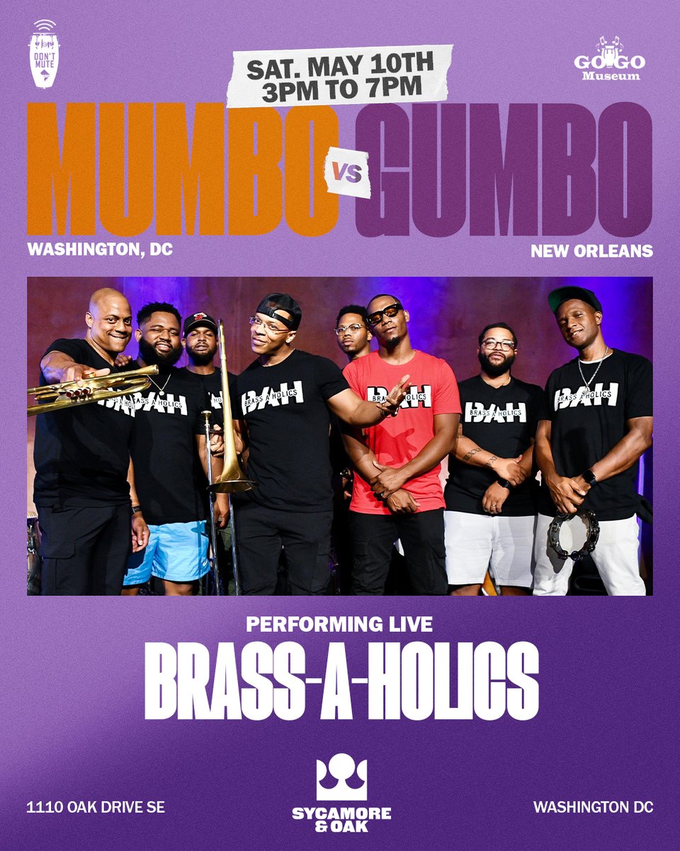 Sycamore & Oak (@sycamoreoak) on Twitter photo This Saturday, May 10th! Mumbo vs. Gumbo! 
GoGo is back at Sycamore & Oak!
The Chuck Brown Band vs. Brass-A-Holics This Saturday, May 10th! Mumbo vs. Gumbo! 
GoGo is back at Sycamore & Oak!
The Chuck Brown Band vs. Brass-A-Holics