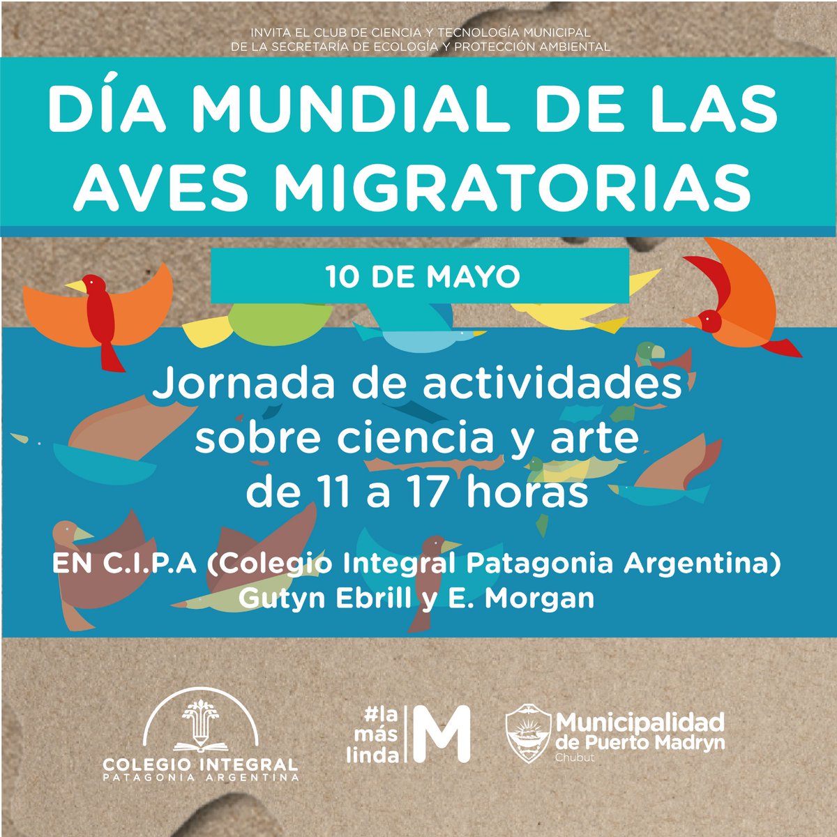 #MADRYN ESTE SÁBADO CELEBRAMOS EL DÍA MUNDIAL DE LAS AVES MIGRATORIAS 🕊️ 🌍

Te invitamos a las 1ras Jornadas de Ciencia y Arte “Las aves migratorias nos conectan” 🧪🎨

📅 Sábado 10 de mayo 🕚 De 11 a 17 horas 📍en el Colegio Integral Patagonia Argentina (CIPA).