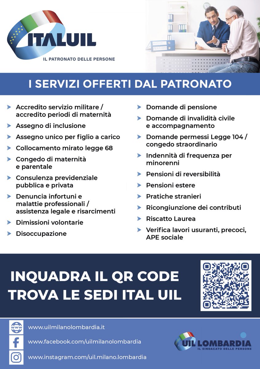 Uil Milano Lombardia (@uilmilanolombar) on Twitter photo 🔵𝗨𝗜𝗟 𝗟𝗢𝗠𝗕𝗔𝗥𝗗𝗜𝗔 𝗲 𝗦𝗘𝗥𝗩𝗜𝗭𝗜
Ogni giorno le nostre sedi, sono a disposizione per svolgere pratiche e garantire, servi e assistenza alle PERSONE.
INFO : uilmilanolombardia.it
<a href="/Vizza1972/">Enrico Vizza</a> <a href="/UILofficial/">Uil Nazionale</a> <a href="/ITALUIL/">ITAL UIL</a> <a href="/VincenzoCesare2/">Vincenzo Cesare</a> <a href="/edacquino/">Eloisa Dacquino</a> <a href="/montedurototi/">salvatore monteduro</a> <a href="/enriazz/">Enrico Azzaro</a> 🔵𝗨𝗜𝗟 𝗟𝗢𝗠𝗕𝗔𝗥𝗗𝗜𝗔 𝗲 𝗦𝗘𝗥𝗩𝗜𝗭𝗜
Ogni giorno le nostre sedi, sono a disposizione per svolgere pratiche e garantire, servi e assistenza alle PERSONE.
INFO : uilmilanolombardia.it
<a href="/Vizza1972/">Enrico Vizza</a> <a href="/UILofficial/">Uil Nazionale</a> <a href="/ITALUIL/">ITAL UIL</a> <a href="/VincenzoCesare2/">Vincenzo Cesare</a> <a href="/edacquino/">Eloisa Dacquino</a> <a href="/montedurototi/">salvatore monteduro</a> <a href="/enriazz/">Enrico Azzaro</a>