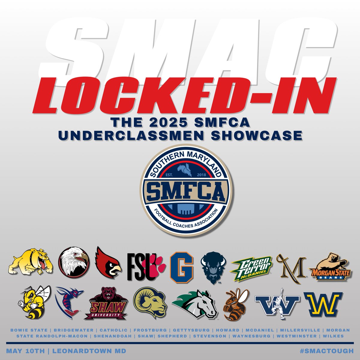 Some great schools attending the SMFCA Showcase <a href="/bowiestatefb/">BOWIE STATE FOOTBALL 🏈</a> <a href="/BH2OFootball/">Bridgewater Football</a> <a href="/CatholicU_FB/">𝘾𝘼𝙏𝙃𝙊𝙇𝙄𝘾 𝙐 𝙁𝙊𝙊𝙏𝘽𝘼𝙇𝙇</a> <a href="/FrostburgFB/">Frostburg Football</a> <a href="/GburgFB/">Gettysburg College Football</a> <a href="/McDaniel_FB/">McDaniel College Football</a> <a href="/HUBISONFOOTBALL/">HOWARD FOOTBALL</a> <a href="/VILLEfb/">VilleFootball</a> <a href="/MSUBearsFB/">Morgan State Football</a> <a href="/RMCfootball/">𝗥𝗔𝗡𝗗𝗢𝗟𝗣𝗛-𝗠𝗔𝗖𝗢𝗡 𝗙𝗢𝗢𝗧𝗕𝗔𝗟𝗟</a> <a href="/SUhornetsFB/">Shenandoah Football</a> <a href="/ShawUFootball/">Shaw U. Football</a> <a href="/SURamsFootball/">Shepherd Football</a> <a href="/SUMustangFB/">Stevenson Football</a> <a href="/Waynesburg_FTBL/">Waynesburg Football</a> <a href="/WCtitansFB/">Westminster Football</a> <a href="/WilkesFootball/">Wilkes Football</a>