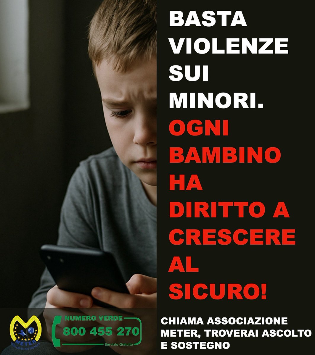 𝐁𝐚𝐬𝐭𝐚 𝐯𝐢𝐨𝐥𝐞𝐧𝐳𝐞 𝐬𝐮𝐢 𝐦𝐢𝐧𝐨𝐫𝐢. 𝐎𝐠𝐧𝐢 𝐛𝐚𝐦𝐛𝐢𝐧𝐨 𝐡𝐚 𝐝𝐢𝐫𝐢𝐭𝐭𝐨 𝐚 𝐜𝐫𝐞𝐬𝐜𝐞𝐫𝐞 𝐚𝐥 𝐬𝐢𝐜𝐮𝐫𝐨.

Chiama il 𝐍𝐮𝐦𝐞𝐫𝐨 𝐕𝐞𝐫𝐝𝐞 𝟖𝟎𝟎 𝟒𝟓𝟓𝟐𝟕𝟎 o scrivi su 𝐖𝐡𝐚𝐭𝐬𝐀𝐩𝐩 𝐚𝐥 𝟑𝟒𝟐 𝟕𝟑𝟏𝟗𝟕𝟏𝟔.
#associazionemeter #tutelaminori