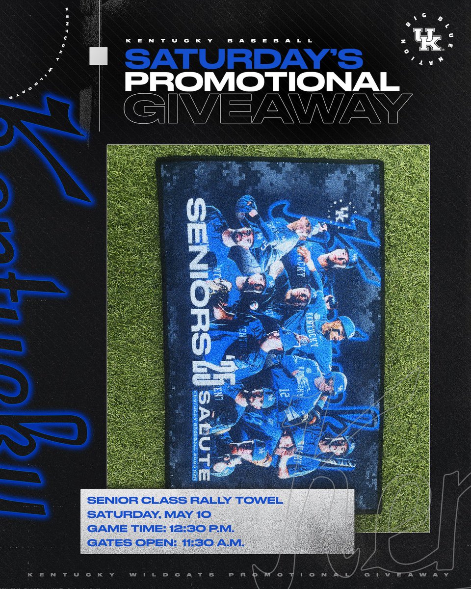 It's Salute to Service Weekend at #KPP and Senior Day is Saturday. Here's the swag you can grab (*while supplies last)

PROMOTIONS
Friday – Black Aluminum Cups, Poster
Saturday – Senior Day and Senior Class Rally Towel
Sunday – Trading Cards

🎫 UKBaseballTix.com