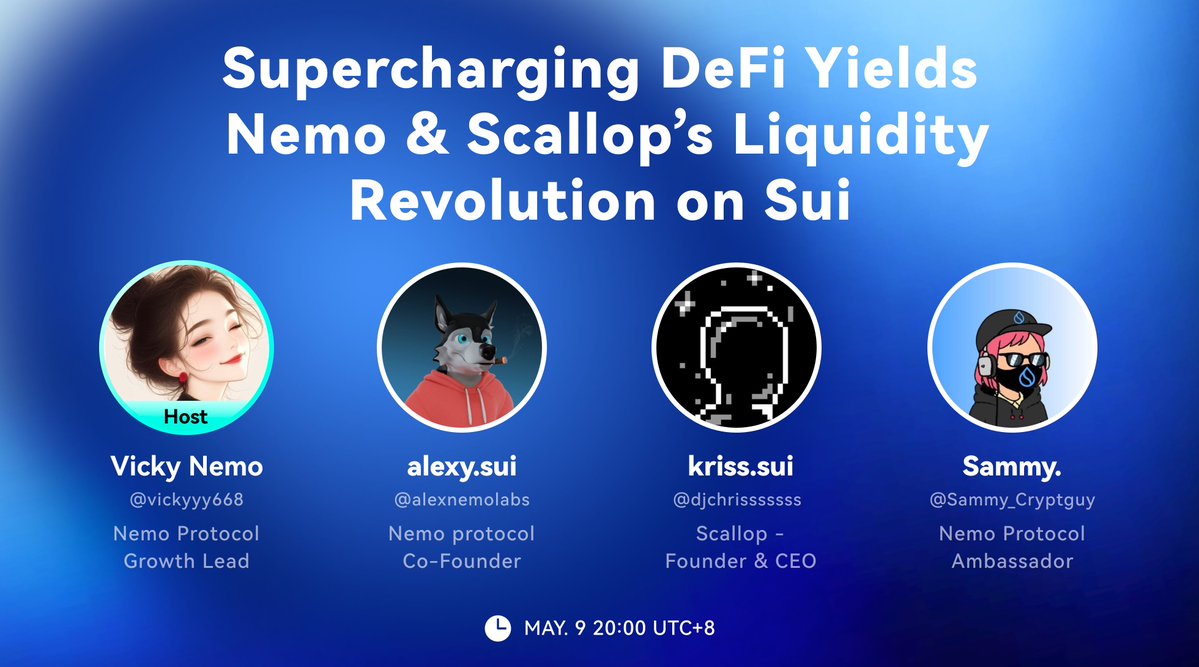 📢 Join Twitter Space: <a href="/nemoprotocol/">Nemo</a>  x <a href="/Scallop_io/">Scallop</a>  – Unlocking Liquidity on Sui 👇
x.com/i/spaces/1yNxa…

🎁 $150 $SCA + Nemo Points

📅  May 9 | 20:00 UTC+8

🎯 Finish tasks &amp; Drop your questions👇Win your Prize!
app.galxe.com/quest/fL4rrwjZ…

#DeFi #Sui #yield