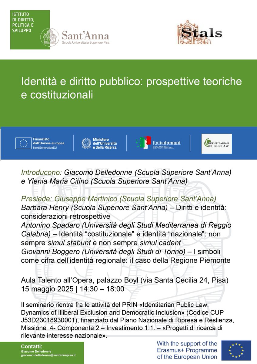 Giacomo Delledonne (@g_delledonne) on Twitter photo 15 maggio, 14.30-18.00: seminario su identità e diritto pubblico <a href="/ScuolaSantAnna/">ScuolaSantAnna</a>. L'incontro fa parte delle attività organizzate nell'ambito del PRIN Identitarian Public Law. 15 maggio, 14.30-18.00: seminario su identità e diritto pubblico <a href="/ScuolaSantAnna/">ScuolaSantAnna</a>. L'incontro fa parte delle attività organizzate nell'ambito del PRIN Identitarian Public Law.