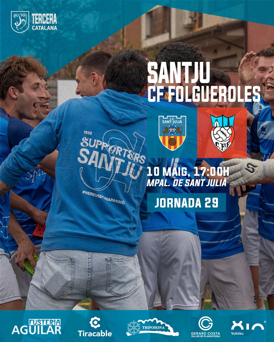⚽️🔵 PARTIT PRIMER EQUIP (DIA DE DERBI)

DISSABTE DE DERBI! Aquest cap de setmana rebem al Folgueroles i us necessitem a tots per animar a l’equip.

Vine vestit de blau per donar escalf als nostres jugadors i acompanyar-los en el camí a la victòria!

Som-hi SantJu! 💙⚽️