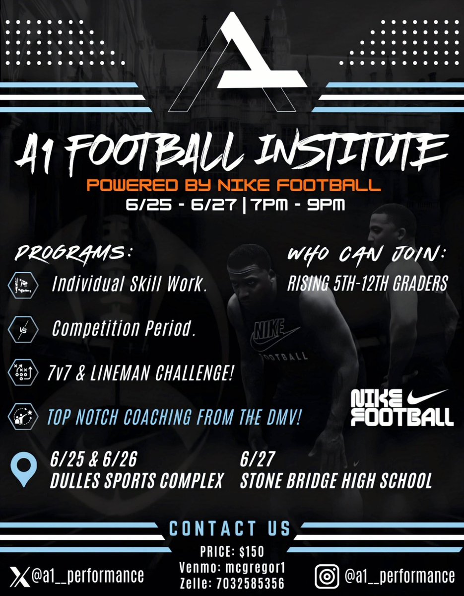 Coach Greg Fenner, M.S. (@a1__performance) on Twitter photo You asked. We answered ‼️
Please join us June 25-27 for the first ever A1 Football Institute, powered by <a href="/usnikefootball/">Nike Football</a>. Camp is open to rising 5th-12th graders and all positions.
Contact CoachFennerA1@gmail.com for registration information! Spots are limited ‼️
🅰️1️⃣ You asked. We answered ‼️
Please join us June 25-27 for the first ever A1 Football Institute, powered by <a href="/usnikefootball/">Nike Football</a>. Camp is open to rising 5th-12th graders and all positions.
Contact CoachFennerA1@gmail.com for registration information! Spots are limited ‼️
🅰️1️⃣