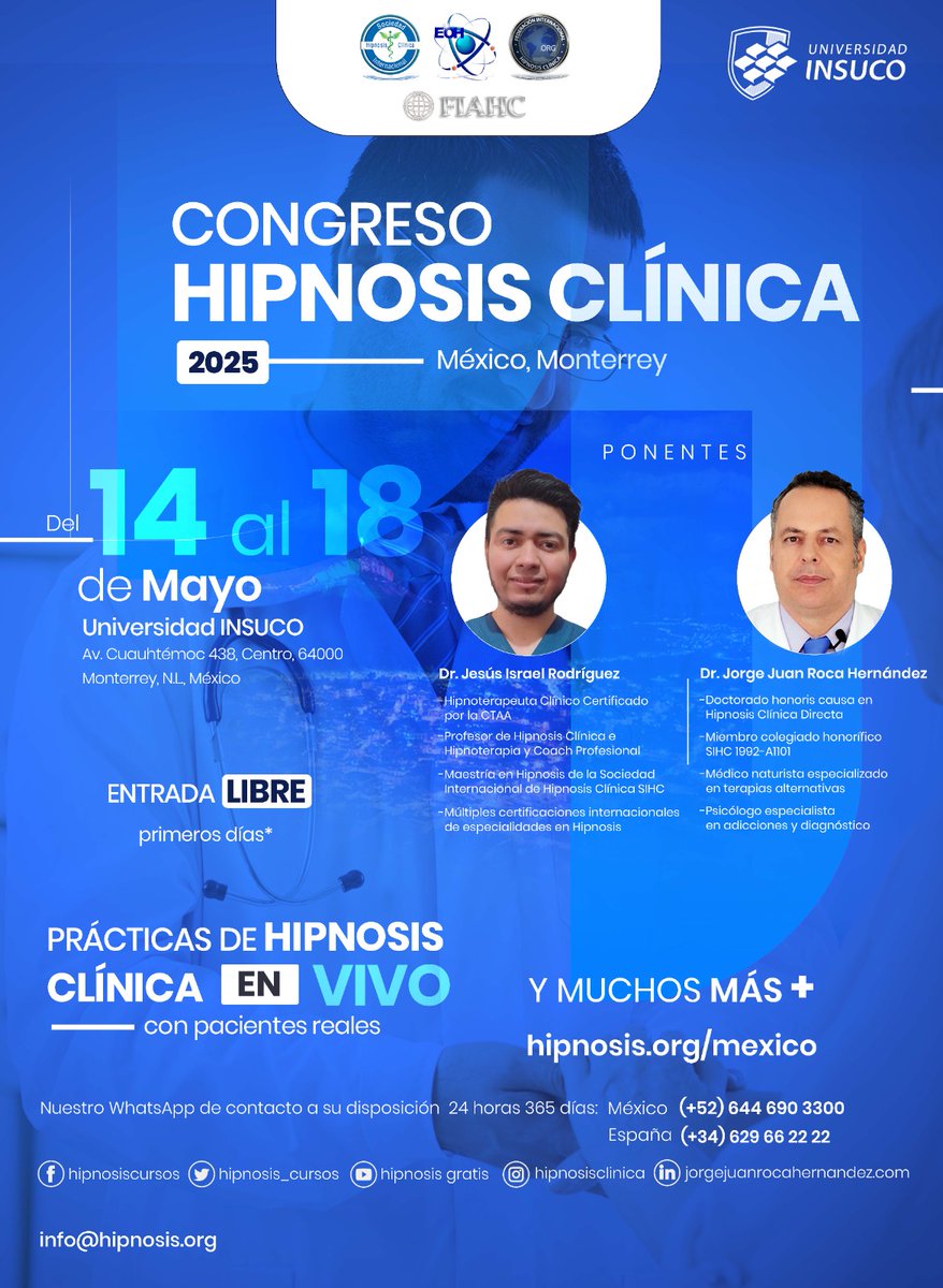 Congreso Internacional de Hipnosis en MONTERREY el prox. miércoles 14 y 15 mayo, presencial y online  🧠✨

Entrada gratuita el primer día del evento, con entrega de certificados  incluidos 🆓

Únete a líderes mundiales en Hipnosis para explorar técnicas innovadoras y
