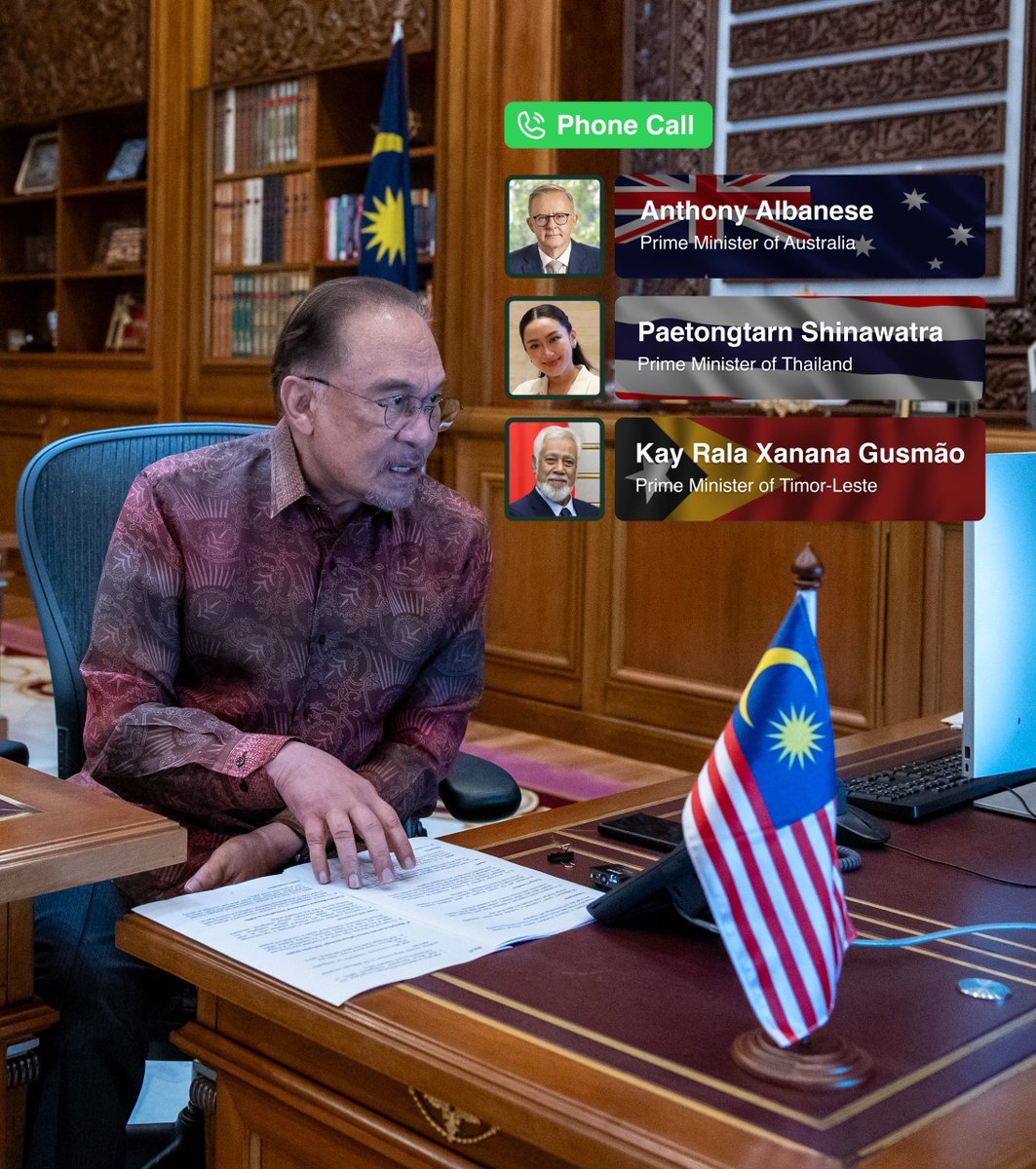 anwaribrahim's tweet photo. Melalui siri perbualan telefon hari ini, saya dapat bertukar pandangan dan berkongsi pendapat dengan tiga rakan sejawat saya:
• Perdana Menteri Australia Anthony Albanese
• Perdana Menteri Timor-Leste, Kay Rala Xanana Gusmão
• Perdana Menteri Thailand Paetongtarn Shinawatra

Perbualan kami terarah kepada isu semasa, global, ASEAN, kesan tarif Amerika Syarikat serta usaha berterusan dalam memperkukuh kerjasama dua hala dan serantau.

Sewaktu perbualan dengan Anthony Albanese, saya telah menjemputnya untuk melawat Malaysia dan mengukuhkan persahabatan yang terjalin khususnya selepas kejayaan mengekalkan jawatan sebagai Perdana Menteri Australia bagi penggal kedua berturut-turut.

Usai, saya kemudian dapat berbicara dengan rakan sejawat dari Timor-Leste, Kay Rala Xanana Gusmão mengenai perkembangan krisis kemanusiaan di Myanmar, status republik itu sebagai anggota tetap ASEAN selain kesediaan Malaysia sebagai Pengerusi ASEAN menjelang Sidang Kemuncak ASEAN di Kuala Lumpur pada hujung bulan ini.

Sewaktu perbualan telefon dengan rakan sejawat dari Thailand, Paetongtarn Shinawatra, beberapa isu melibatkan kedua-dua negara disentuh dan dikemaskini seperti rundingan Dialog Damai Selatan Thailand yang memerlukan inisiatif keamanan dan bukannya membabitkan sebarang elemen keganasan.

Moga hubungan yang terjalin antara Malaysia dengan jiran-jiran di rantau ASEAN, Asia, dan seluruh benua terus harmoni dan mendapat manfaat dari sudut diplomatik, ekonomi, pelaburan dan lain-lain lagi.

//

Spoke with three counterparts today:
• PM Anthony Albanese (Australia)
• PM Kay Rala Xanana Gusmão (Timor-Leste)
• PM Paetongtarn Shinawatra (Thailand)

We discussed regional & global issues, US tariffs, ASEAN cooperation, Myanmar, and peace efforts in Southern Thailand.

Malaysia remains firmly committed to advancing diplomacy, fostering regional peace, and strengthening cooperation across ASEAN and beyond.

#MADANIBekerja 
#MalaysiaMADANI 
#ASEAN