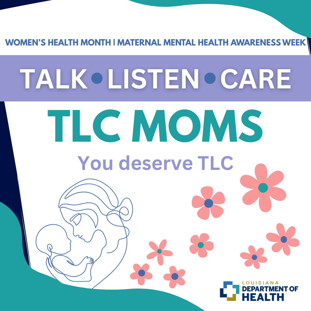 If you or someone you know is experiencing depression or anxiety related to pregnancy or a recent birth, TLC Moms can help you mentally and emotionally.

Learn more about TLC Moms this Maternal Mental Health Awareness Week.

🔗ldh.la.gov/page/TLCMoms

#MMHW2025