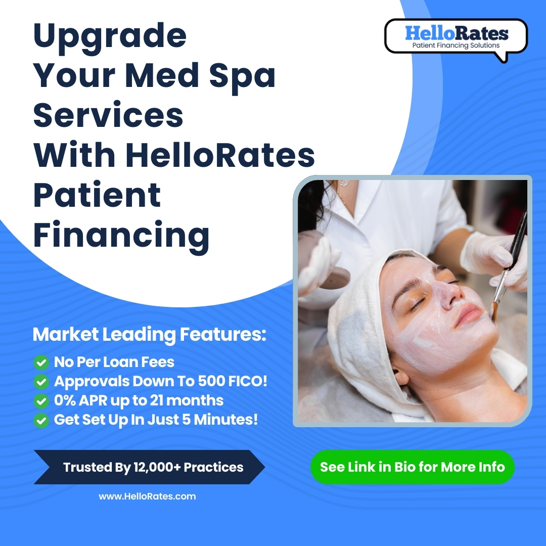 HelloRatesMed's tweet image. Upgrade your med spa services with affordable patient financing options. 
Attract more clients by offering budget-friendly treatments. Enhance client satisfaction with flexible payment plans.
#HelloRates #PatientFinancing #MedSpaFinance #BeautyFinancing