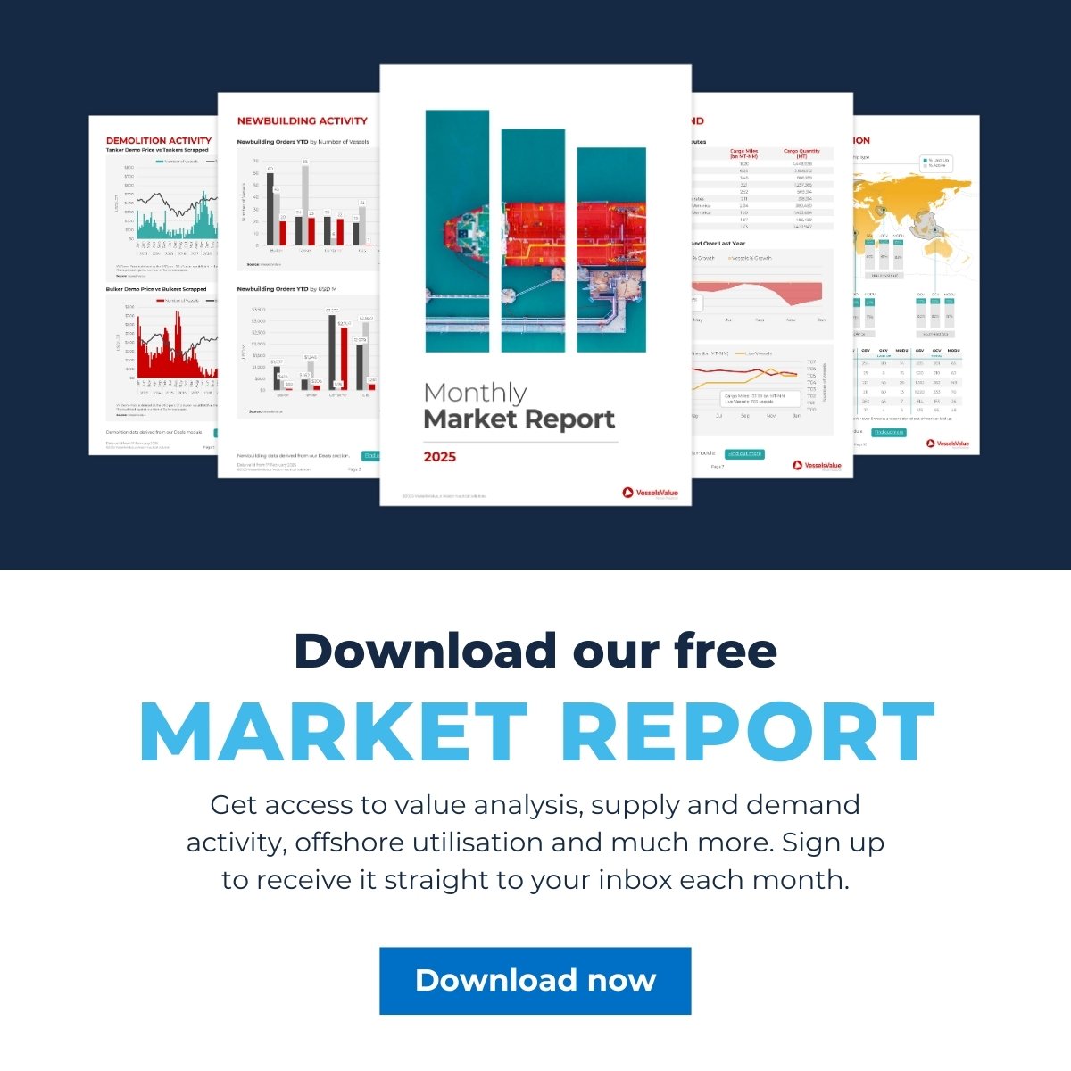 Our free April 2025 Market Report is now available!
This report provides an overview of vessel values, supply and demand, demolition activity and more. Download the full report here: hubs.ly/Q03lpSWl0  
#shipping #data #container #tanker #lng #bulker #VesselsValue