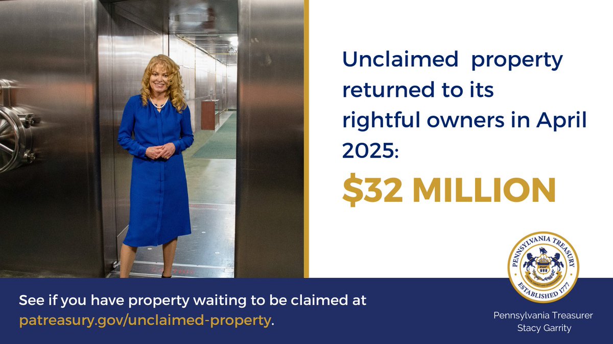 In April, we returned over $32 million in unclaimed property to its rightful owners.

𝐓𝐡𝐢𝐬 𝐢𝐬 𝐲𝐨𝐮𝐫 𝐦𝐨𝐧𝐞𝐲, 𝐰𝐞 𝐝𝐨𝐧’𝐭 𝐰𝐚𝐧𝐭 𝐭𝐨 𝐤𝐞𝐞𝐩 𝐢𝐭!

Check to see if you have property available to be claimed with Treasury ➡️ patreasury.gov/unclaimed-prop…