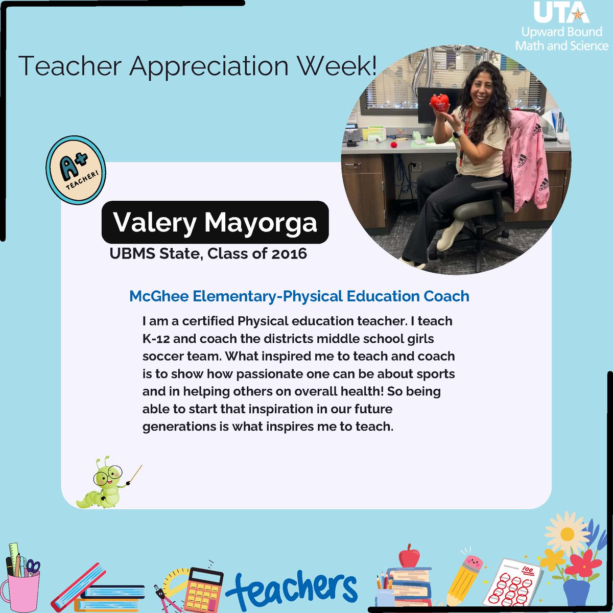As part of Teacher Appreciation Week, we continue highlighting our alum who are classroom teachers, w/ Valery. She is a grad from <a href="/ChannelviewHS/">Channelview Falcons</a> &amp; college grad from <a href="/SanJacCollege/">San Jacinto College</a> &amp; the <a href="/UHClearLake/">University of Houston-Clear Lake</a>. Thank you Valery for all that you do for your students and your community!