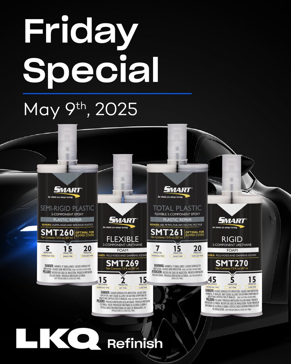 On Special Friday, May 9th only!
We have a Smart Inventory Blow Out Sale!
Plastic Repair - Total Plastic/Semi-Rigid and Foam - Rigid/Flexible
Hurry Inventory will go fast!
Call Today or Order Online at portal.LKQCorp.com