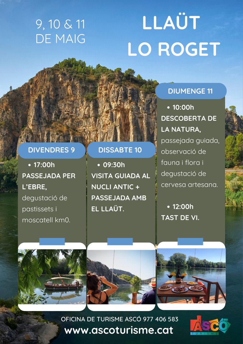 💧 Veniu a navegar amb “Lo Roget” per descobrir l’espectacular geologia i morfologia del riu, així com la vegetació i la fauna que anireu observant al llarg del recorregut? 🥰

📆 Us hi esperem el proper diumenge 11!

<a href="/AscoTurisme/">Ascó Turisme</a> #TerresdelEbre