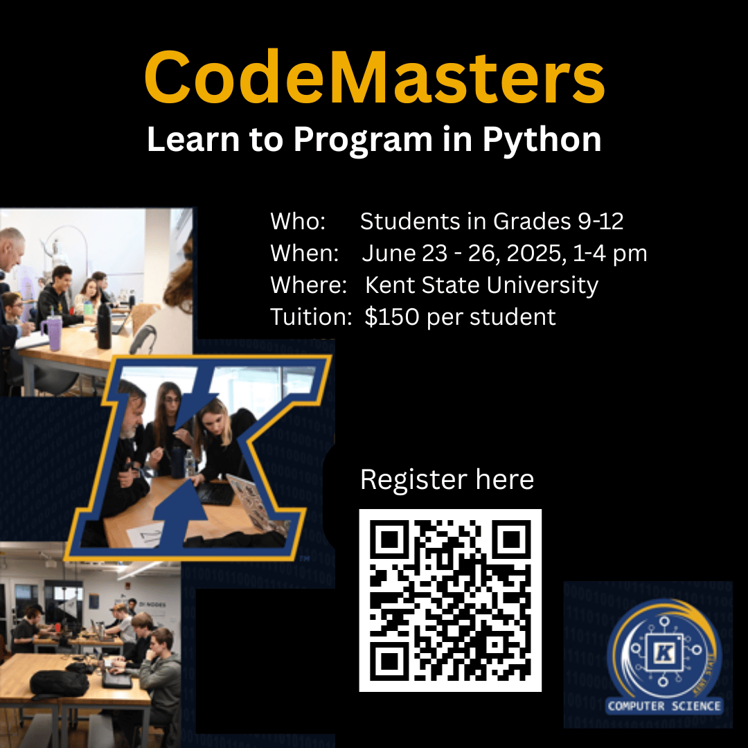 KentStatePDO's tweet image. Do you know any #HighSchoolStudents who want to learn #CodingInPython? Check out #CodeMasters at #KentState!
Who: High School Students (grades 9-12)
When: Mon Jun 23 – Thurs Jun 26, 2025, 1 - 4 pm
Tuition is just $150 per student
Visit kent.edu/cde/codemasters to register!