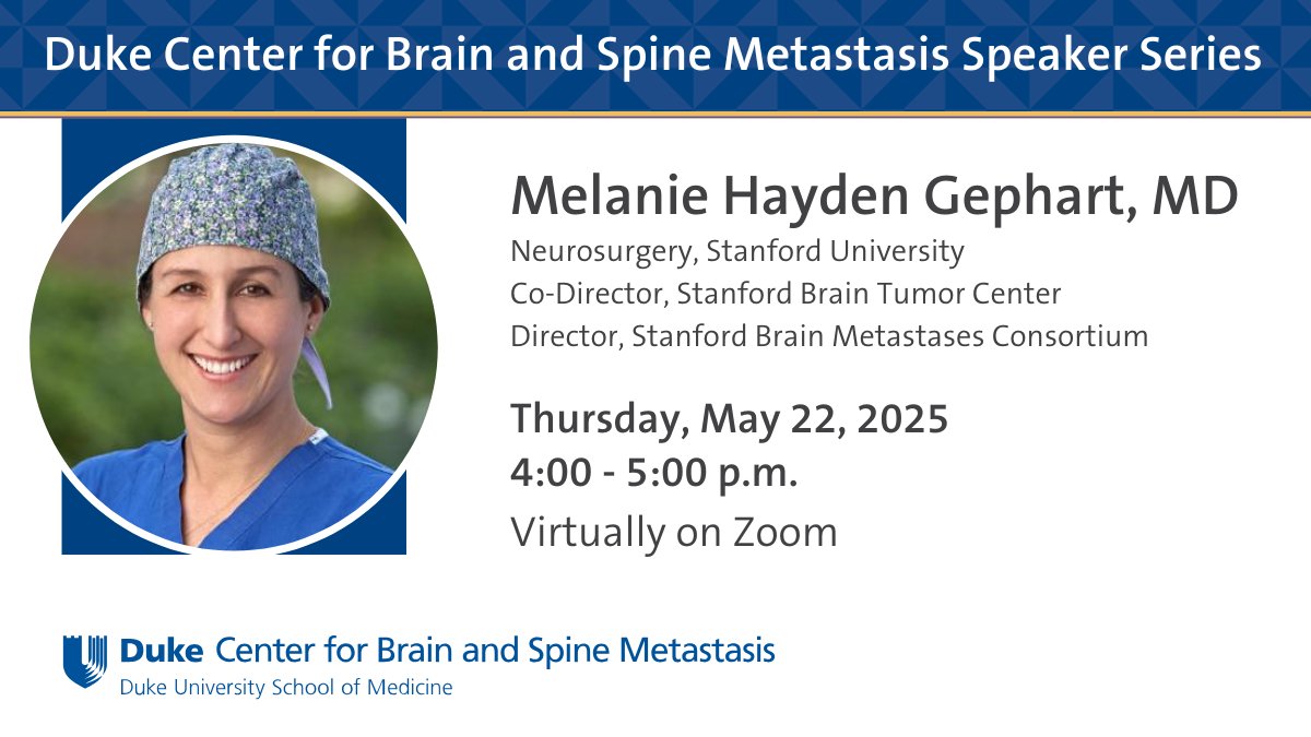 Duke Center for Brain and Spine Metastasis (@dukemets) on Twitter photo We're excited to virtually welcome Melanie Hayden Gephart to Duke on May 22! Dr. Hayden Gephart is a brain tumor neurosurgeon at <a href="/StanfordNsurg/">Stanford Neurosurgery</a>.
Find more information and the Zoom link here:
calendar.duke.edu/show?fq=id%3AC… We're excited to virtually welcome Melanie Hayden Gephart to Duke on May 22! Dr. Hayden Gephart is a brain tumor neurosurgeon at <a href="/StanfordNsurg/">Stanford Neurosurgery</a>.
Find more information and the Zoom link here:
calendar.duke.edu/show?fq=id%3AC…