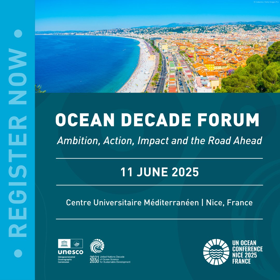 UNOceanDecade's tweet photo. Going to #UNOC3? Don't miss the #OceanDecade Forum 11 June!

Join us as we showcase success stories and chart the path ahead for an impactful Decade until 2030 and beyond.

🗓️11 June, 9am-6pm
📍Centre Universitaire Méditerranéen, Nice, France
👉Register: https://t.co/UnmlE3rPEi https://t.co/PpAO0haq8c
