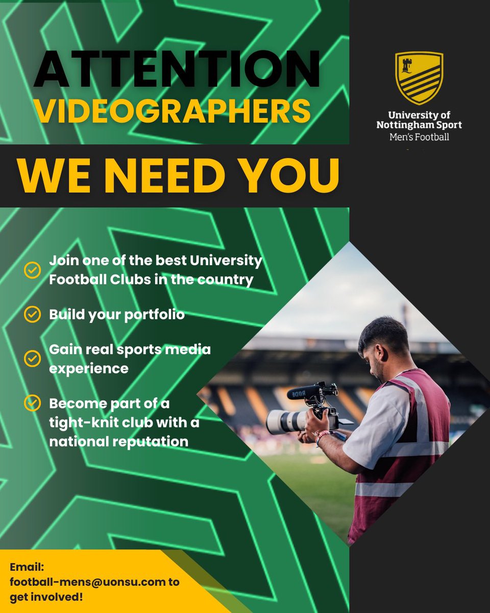 UoN Men's Football Club (@uonfc) on Twitter photo Passionate about videography, photography & football?
Join our award-winning media team! Capture match days & behind-the-scenes moments, build your portfolio, and gain real sports media experience.
Interested? DM us or email: football-mens@uonsu.com Passionate about videography, photography & football?
Join our award-winning media team! Capture match days & behind-the-scenes moments, build your portfolio, and gain real sports media experience.
Interested? DM us or email: football-mens@uonsu.com