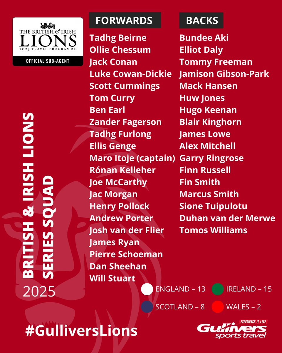 The British &amp; Irish Lions have revealed their 2025 squad!🦁🏉

Head coach Andy Farrell has named the team that will head Down Under to take on the Wallabies in this unforgettable series 🇦🇺

Don't miss it, our tour packages are nearly sold out🚨👇
gulliverstravel.co.uk/event/british-…