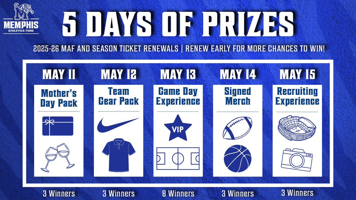 Memphis Tigers (@tigersathletics) on Twitter photo We are 1๏ธโฃ week away from the renewal deadline!
Renew your season tickets and <a href="/MemphisAthFund/">Memphis Athletics Fund</a> contribution for the 2025-26 season now so you can be entered to win our ๐ฑ ๐๐ฎ๐๐ ๐ผ๐ณ ๐ฃ๐ฟ๐ถ๐๐ฒ๐ ๐
๐ gotigersgo.me/25-26Renewals We are 1๏ธโฃ week away from the renewal deadline!
Renew your season tickets and <a href="/MemphisAthFund/">Memphis Athletics Fund</a> contribution for the 2025-26 season now so you can be entered to win our ๐ฑ ๐๐ฎ๐๐ ๐ผ๐ณ ๐ฃ๐ฟ๐ถ๐๐ฒ๐ ๐
๐ gotigersgo.me/25-26Renewals